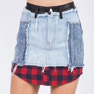 🖤 Signature8 Denim Mini Skirt w/ Plaid & Faux Leather – Size S